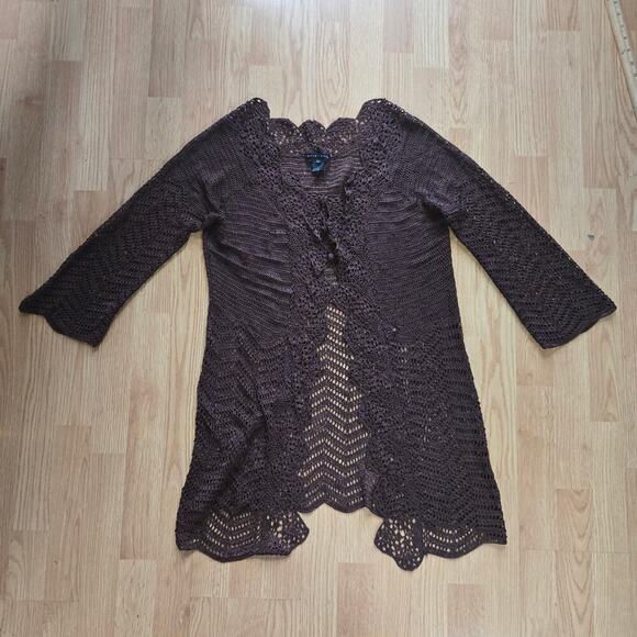 Bette Sung Womens VTG 90s Y2K Brown Crochet Knit Long Cardigan XL Festival Boho - Picture 7 of 12